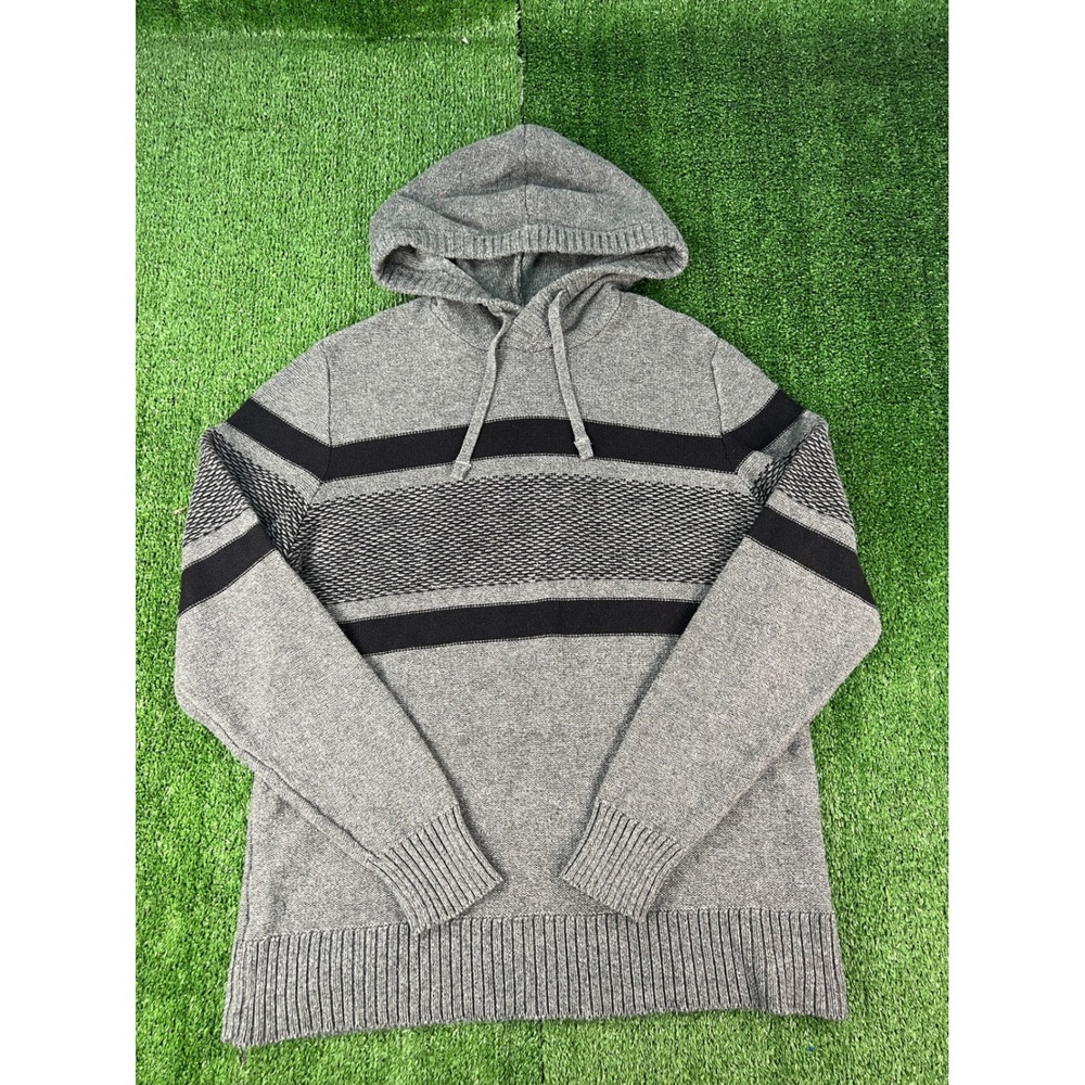 American Eagle Mens Grey Black Striped Knit Pullover Hoodie Sweater Size Medium